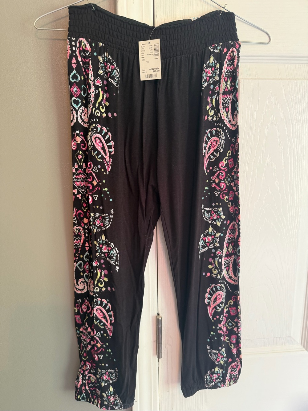 NEW Justice girls 12 Black/Paisley Print Elastic-Waist Pants
